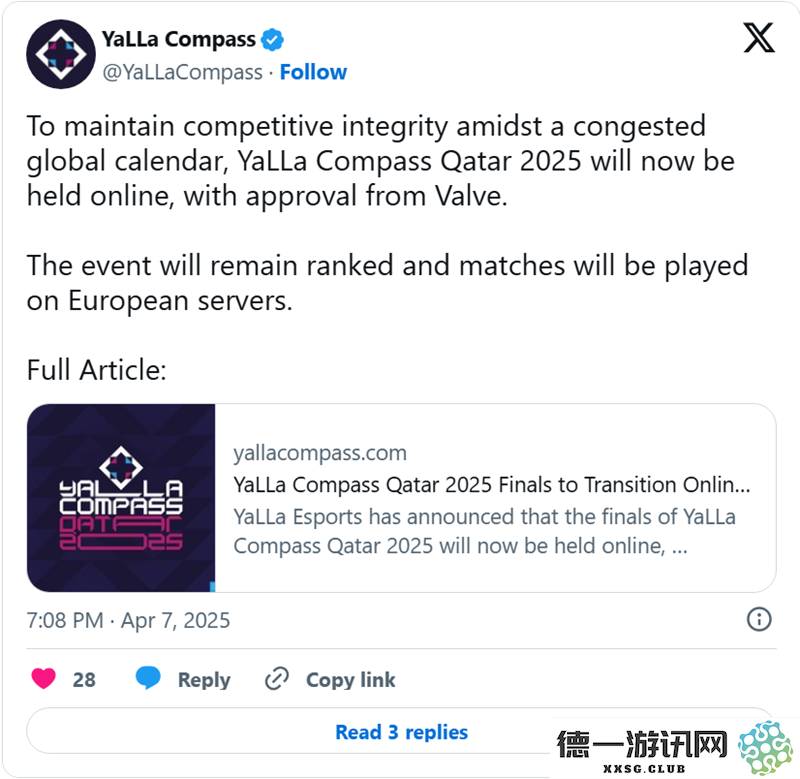 因与MRQ存冲突，YaLLa决定将卡塔尔站赛事调整为在线模式进行
